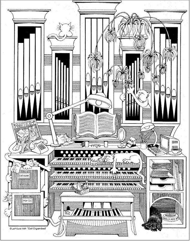For cat-loving organists (and organ-loving cats):
This is a well ORGAN-ized practice desk for one who STOPS at nothing and refuses to PIPE down.
How many cats can you count?
