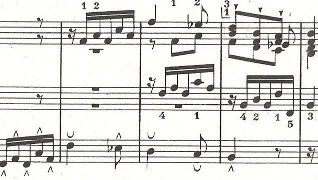 (con't from Part I)
Organ music with an independent pedal part is written on 3 staves with the right hand notated on the top staff, the left hand on the middle staff, and the bottom staff the pedal line taken by the feet.
In the days of J.S. Bach and even earlier, polyphonic organ music was often notated on 2 staves only, where the performer was free to employ either the left hand or the pedals to supply the bass line.
Marks are placed by editors, either above or below the pedal notes written on the bottom staff in the score, to indicate whether a heel or toe is to be used; a 