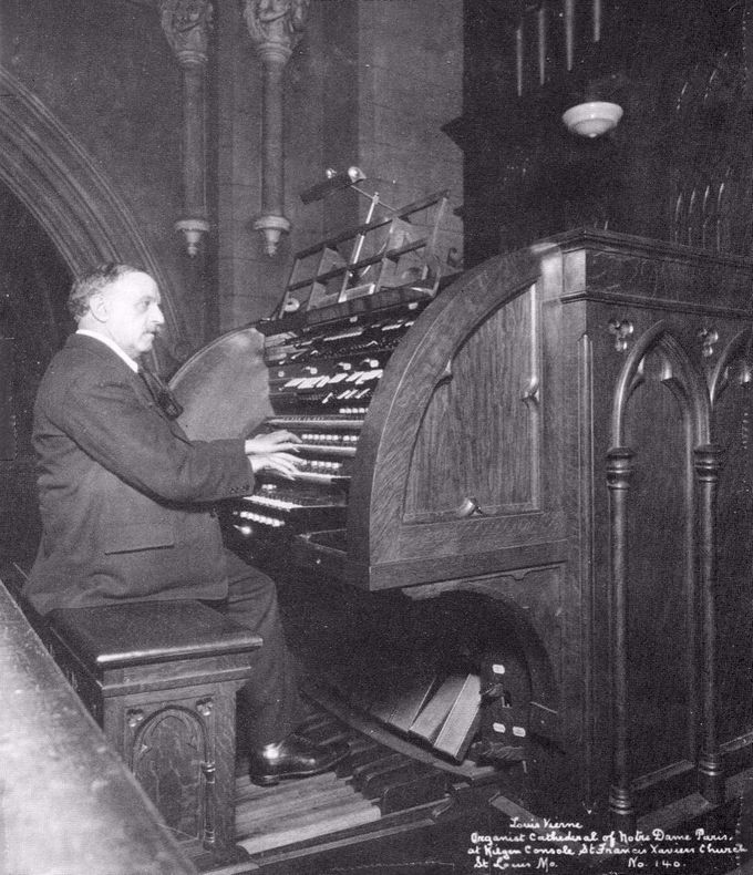 Louis Vierne at the console of the new Kilgen IV/52 Gallery organ of Saint Frances Xavier College Church on the campus of Saint Louis University, Saint Louis, Missouri, in April, 1927, when he was touring America.