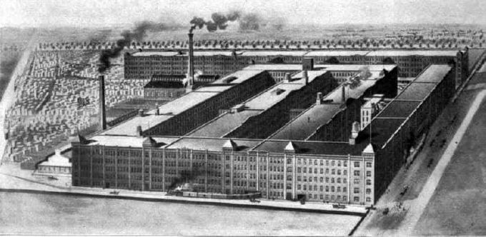 This lithograph image, a likely architectural draft, is found on the back of many Kimball contracts.  It represents the Kimball factory built on 7 acres at the corner of 26th and Rockwell Streets in southside Chicago.  This vast building was in the heart of Chicago's great manufacturing district, provided more than 850,000 square feet of working space, and was sold to McCormick (International Harvester) Works in 1954 when the Kimball firm vacated the building.  Destroyed by fire in 1974, this building no longer exists.