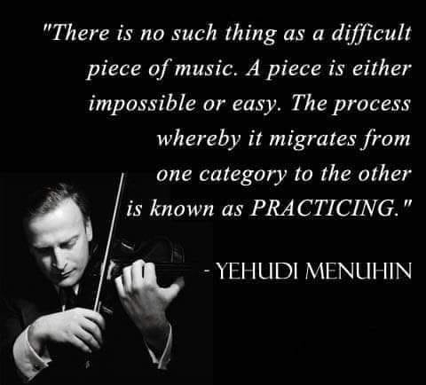 (con't from Part VI)
Legendary violinist and conductor Yehudi Menuhin put it into words very poetically and succinctly, with one clarification ... which seems superfluous:
His observation about practicing appertains to one-way movement always in the direction of easy -- never the other way around.
(con't in Part VIII)